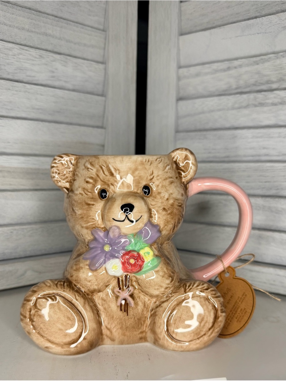 Simple & Sweet Ceramic Bear Mug with Pink Handle and Floral Front